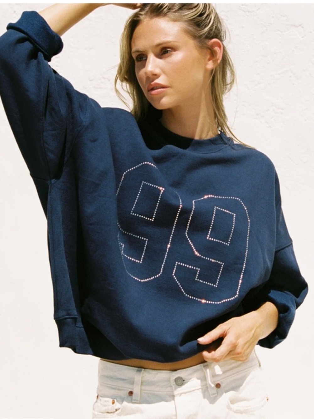 L’Space $145 Legend Navy Rhinestone '99' Boxy Crewneck Sweatshirt Large